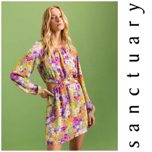 SANCTUARY - 🎉HPx2🎉 NWT - L XL Chiffon Floral Blouson Sleeve Cut-Out Mini Dress - Picture 1 of 16